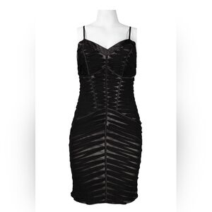 Sue Wong Spaghetti Strap Satin Trim Mesh Sheath Dress